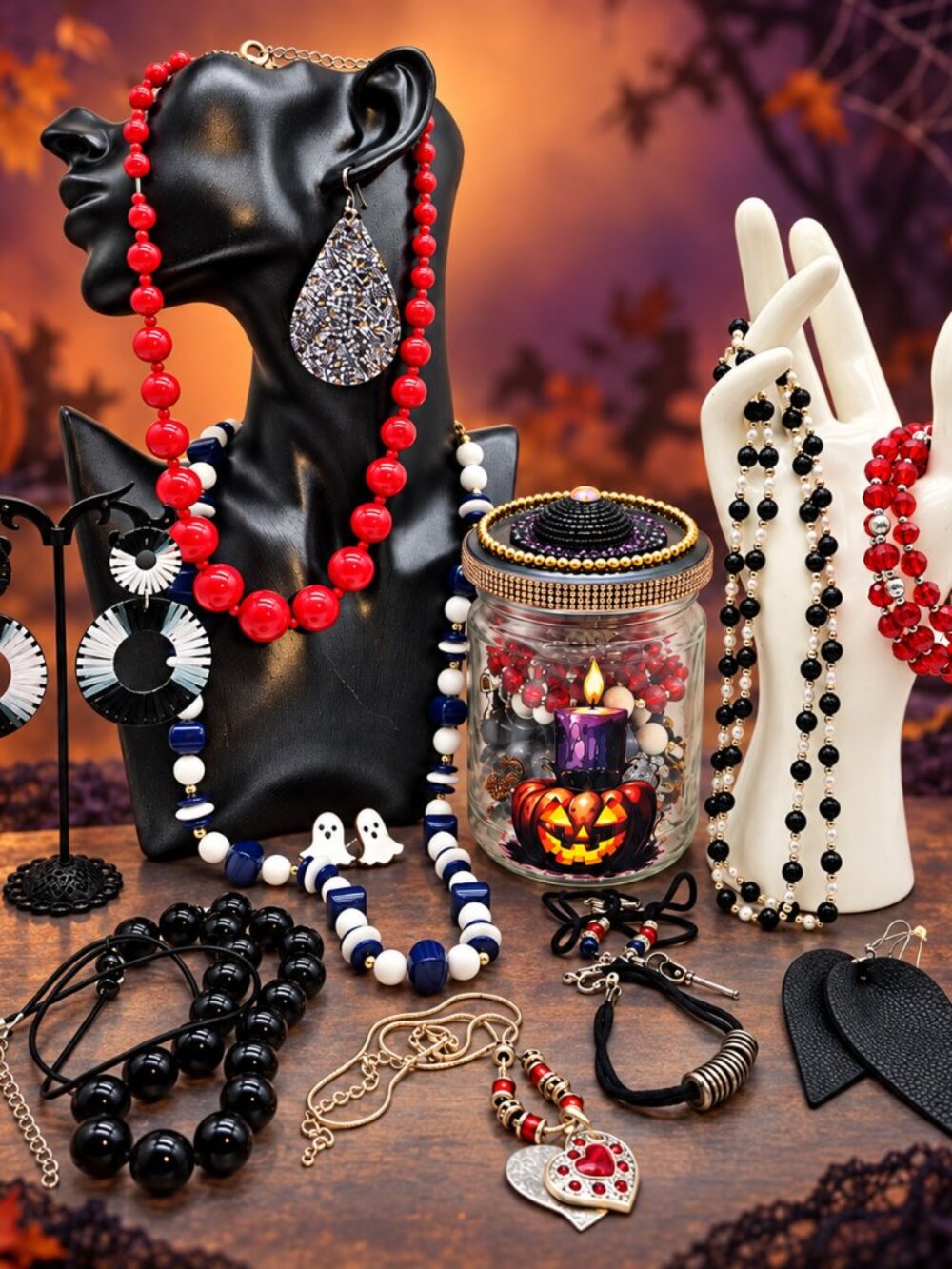 Curated Halloween Jewelry Bundle 14 Pc Handmade Jar Necklaces Bracelets Earrings